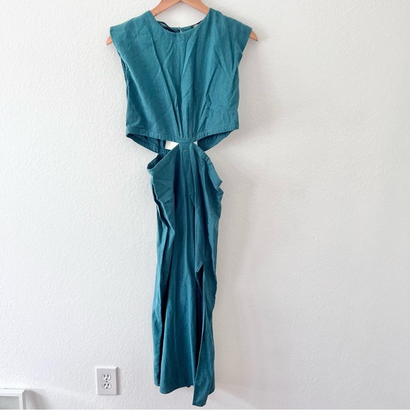 Zara Linen Blend Teal Cutout Midi Dress Sz M - Picture 3 of 9